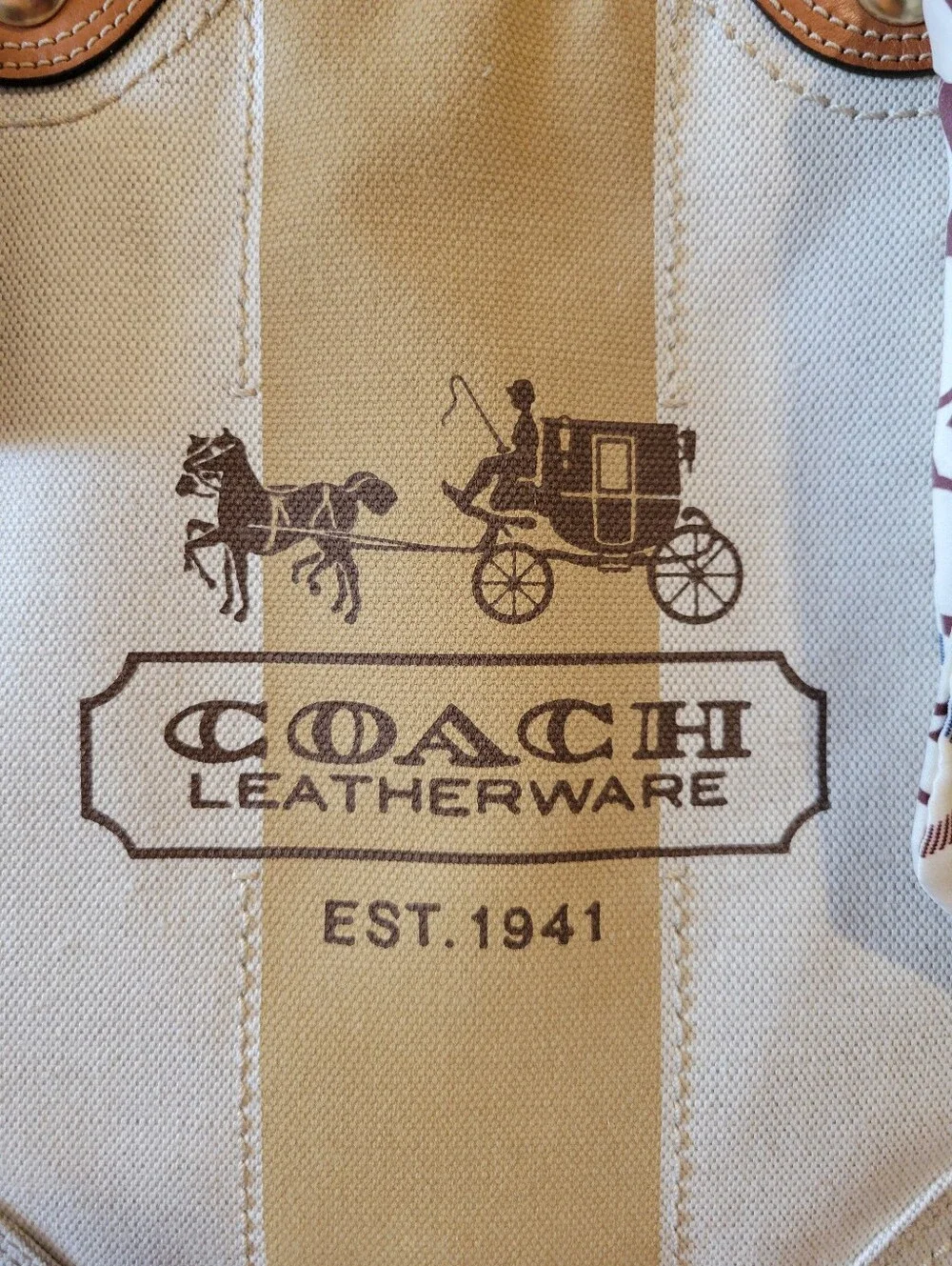 Coach Tattersal Silk Lining Leatherware Canvas Tote Bag in Beige with Tan Trim